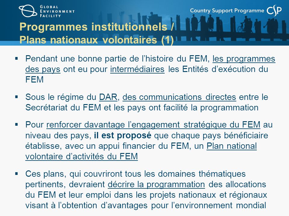 Programmes institutionnels / Plans nationaux volontaires (1)
