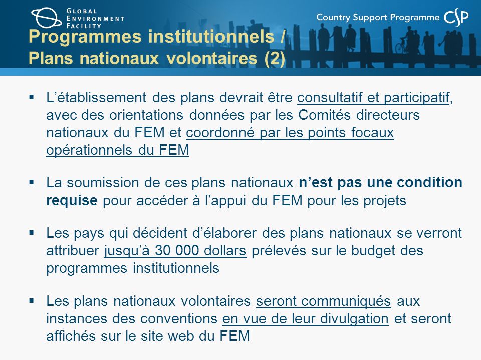 Programmes institutionnels / Plans nationaux volontaires (2)