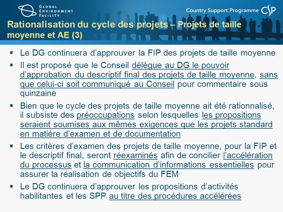 Rationalisation du cycle des projets – Projets de taille moyenne et AE (3)