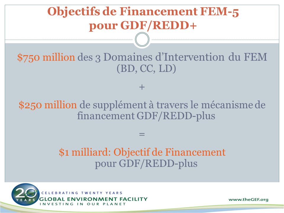 Objectifs de Financement FEM-5 pour GDF/REDD+