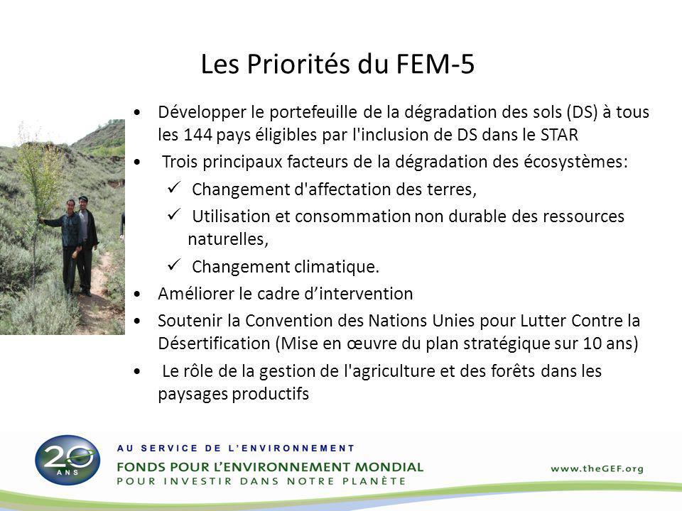 Les Priorités du FEM-5 Développer le portefeuille de la dégradation des sols (DS) à tous les 144 pays éligibles par l inclusion de DS dans le STAR.