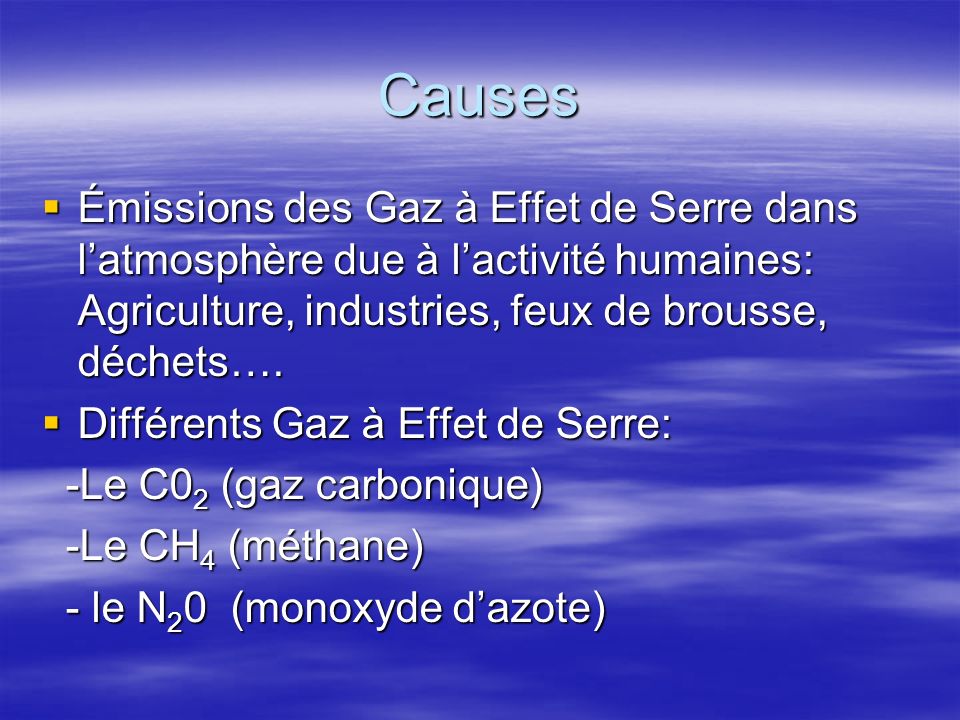 Causes Émissions des Gaz à Effet de Serre dans l’atmosphère due à l’activité humaines: Agriculture, industries, feux de brousse, déchets….