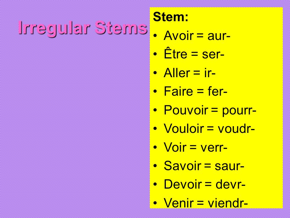Irregular Stems Stem: Avoir = aur- Être = ser- Aller = ir-
