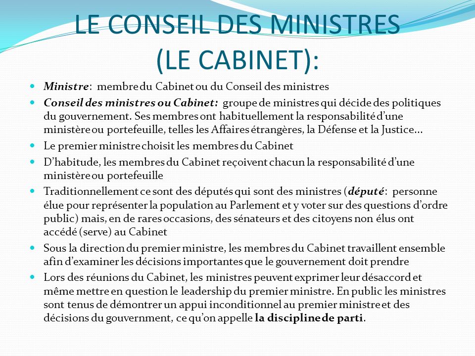 LE CONSEIL DES MINISTRES (LE CABINET):
