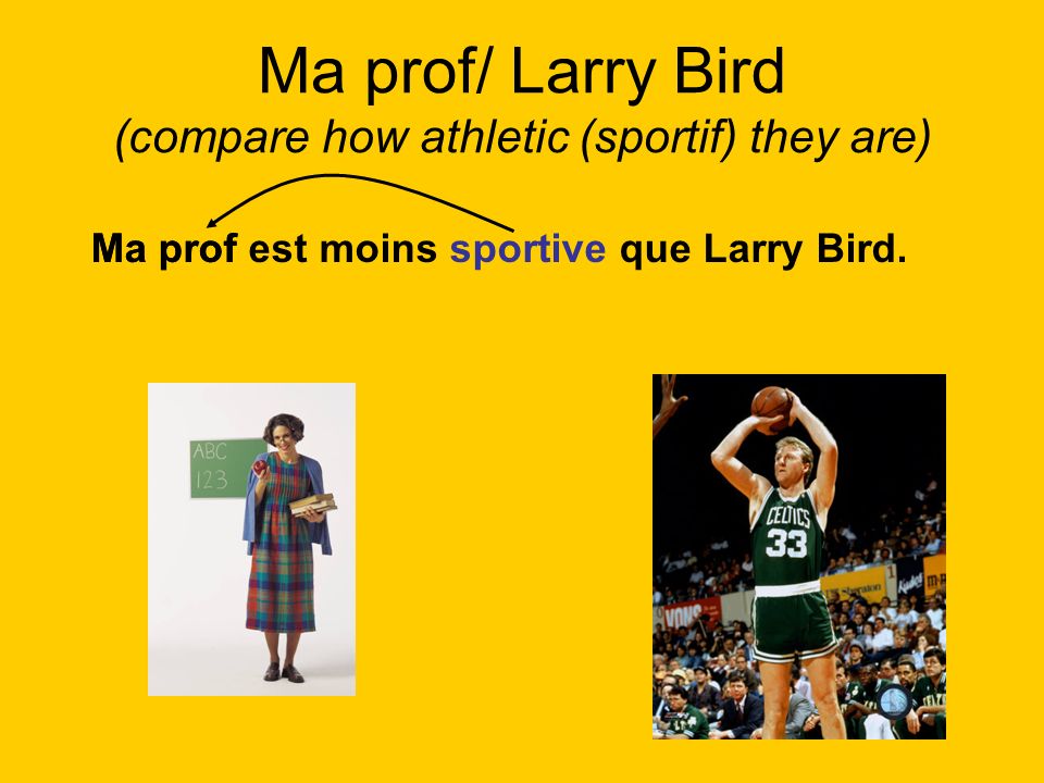 Ma prof/ Larry Bird (compare how athletic (sportif) they are)