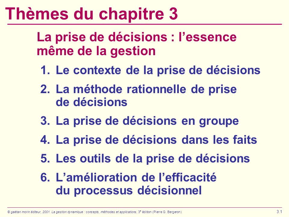Thèmes du chapitre 3 La prise de décisions : l’essence même de la gestion. 1. Le contexte de la prise de décisions.