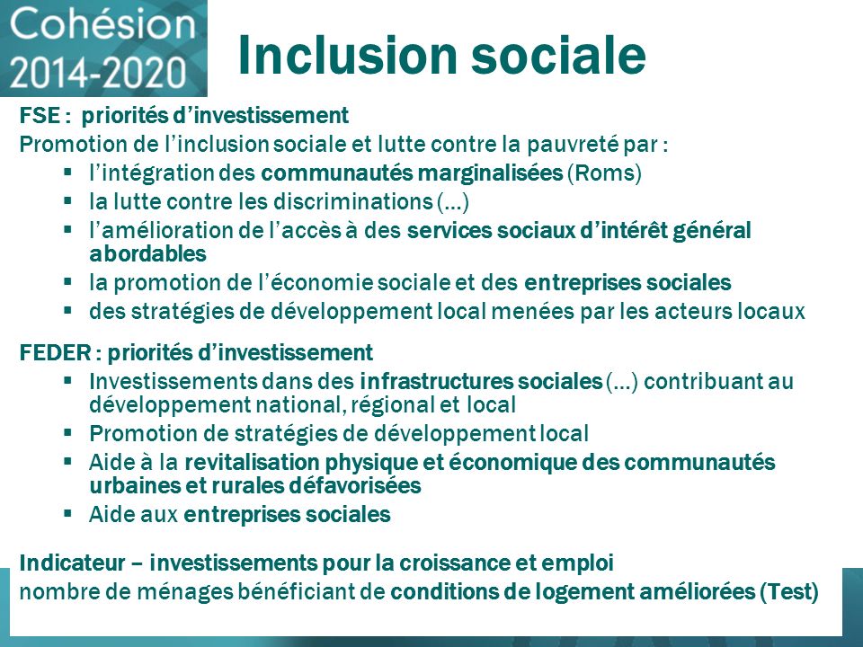 Inclusion sociale FSE : priorités d’investissement