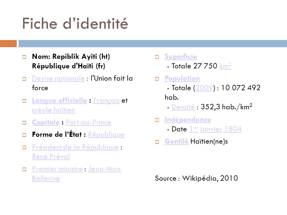 Fiche d’identité Nom: Repiblik Ayiti (ht) République d Haïti (fr)