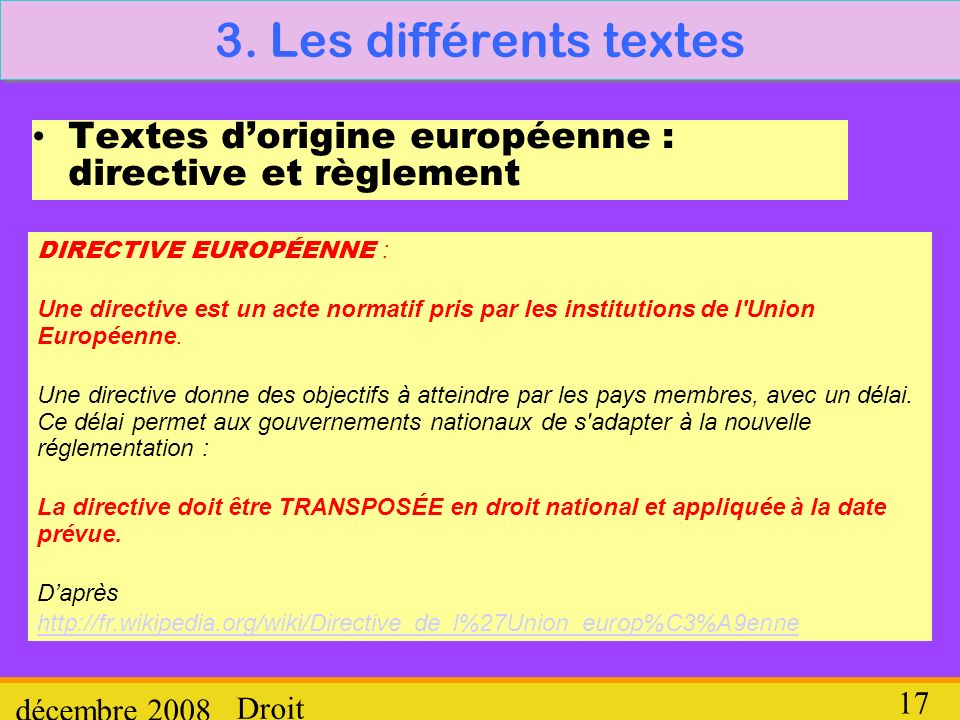 3. Les différents textes Textes d’origine européenne : directive et règlement. DIRECTIVE EUROPÉENNE :