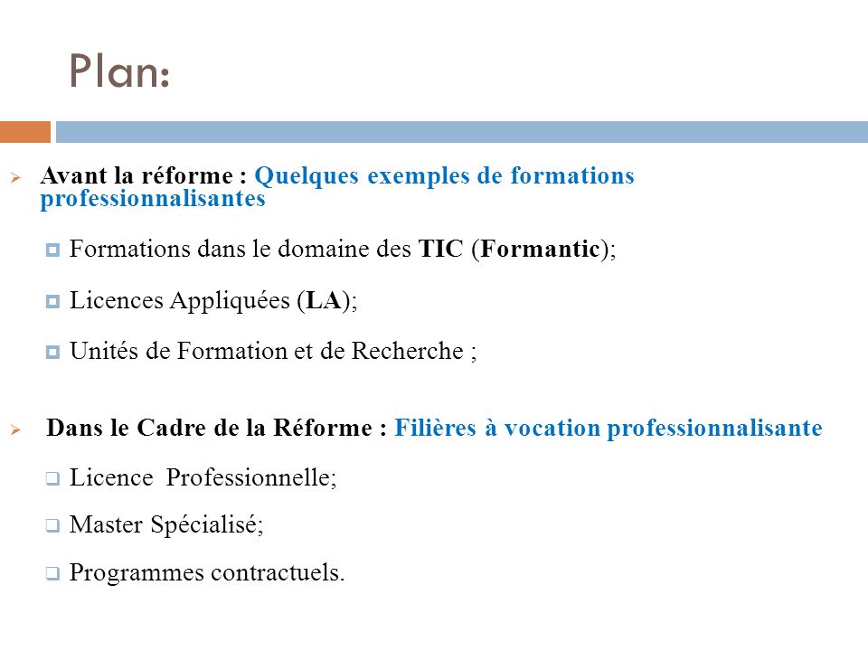 Plan: Avant la réforme : Quelques exemples de formations professionnalisantes. Formations dans le domaine des TIC (Formantic);