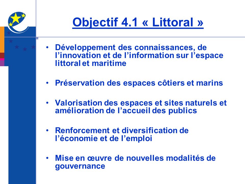 Objectif 4.1 « Littoral » Développement des connaissances, de l’innovation et de l’information sur l’espace littoral et maritime.