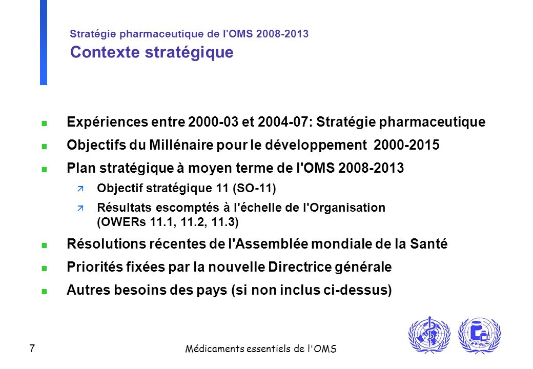 Stratégie pharmaceutique de l OMS Contexte stratégique