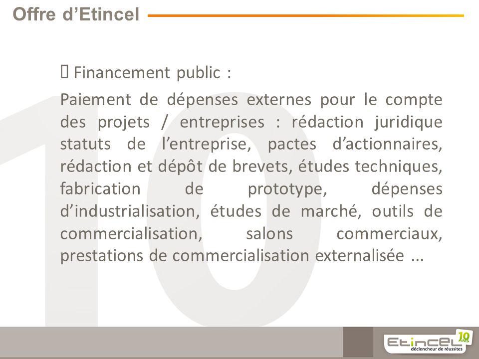 Offre d’Etincel Financement public :