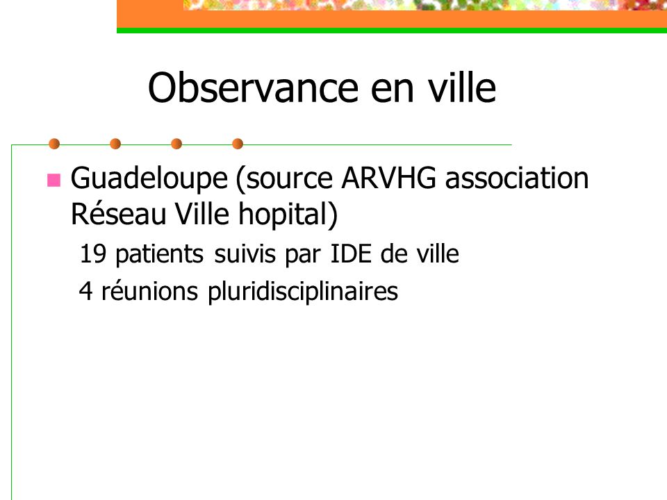 Observance en ville Guadeloupe (source ARVHG association Réseau Ville hopital) 19 patients suivis par IDE de ville.