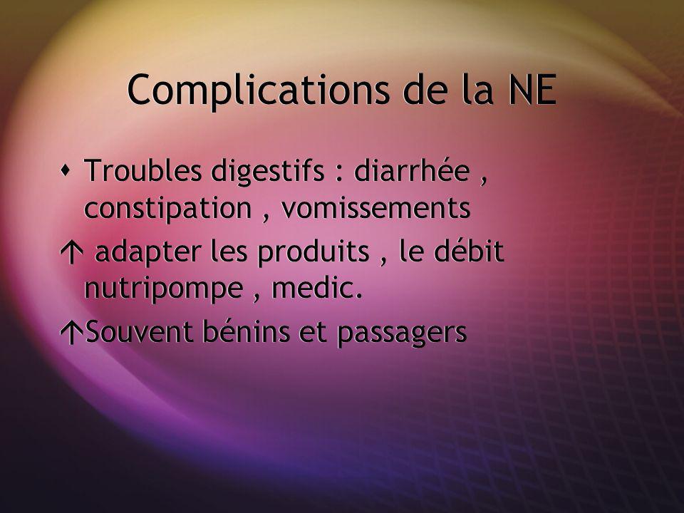 Complications de la NE Troubles digestifs : diarrhée , constipation , vomissements. adapter les produits , le débit nutripompe , medic.