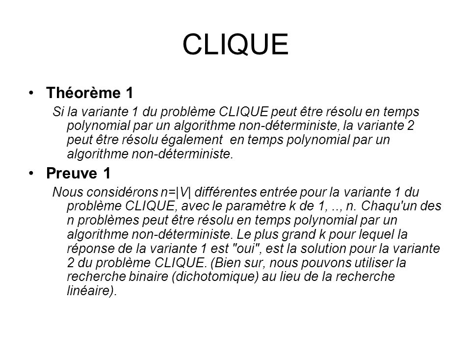 CLIQUE Théorème 1 Preuve 1