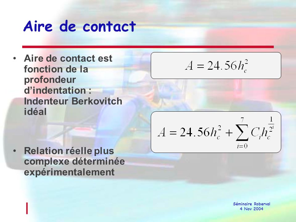 Aire de contact Aire de contact est fonction de la profondeur d’indentation : Indenteur Berkovitch idéal.
