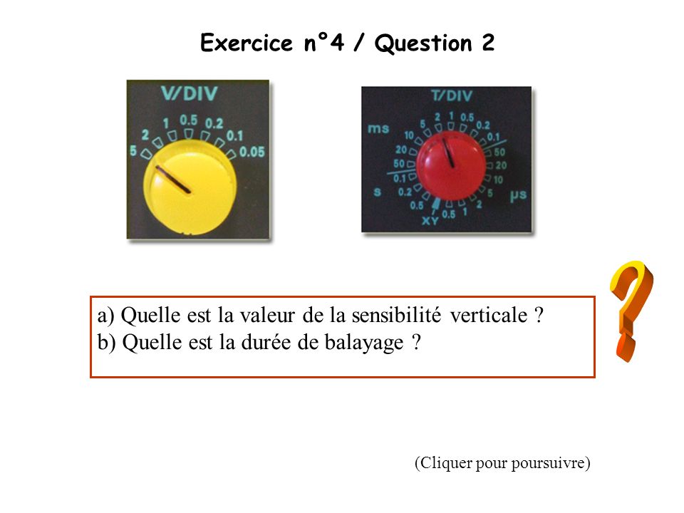 Exercice n°4 / Question 2 a) Quelle est la valeur de la sensibilité verticale b) Quelle est la durée de balayage