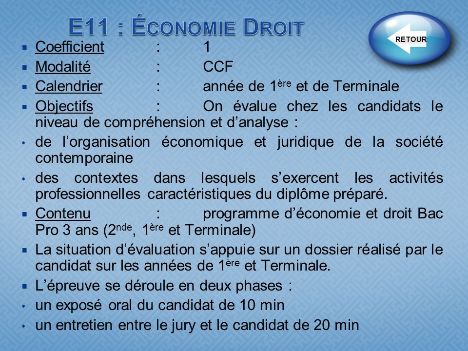 E11 : Économie Droit Coefficient : 1 Modalité : CCF