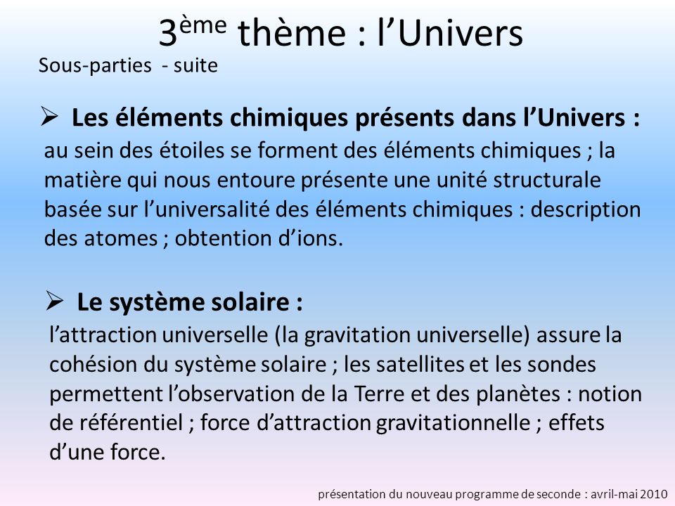 3ème thème : l’Univers Sous-parties - suite. Les éléments chimiques présents dans l’Univers :