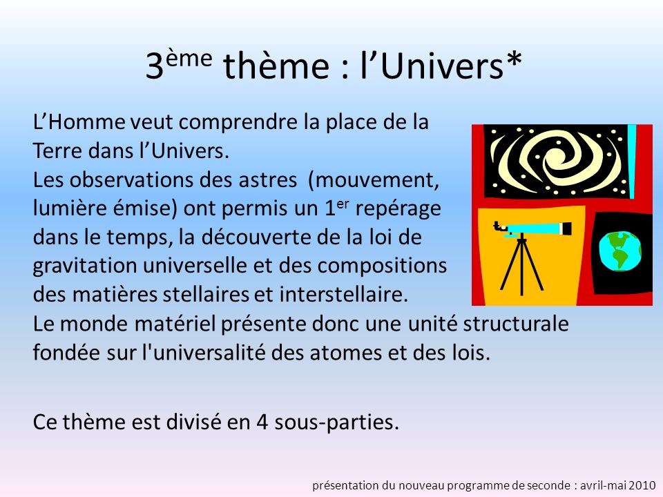 3ème thème : l’Univers* L’Homme veut comprendre la place de la Terre dans l’Univers.