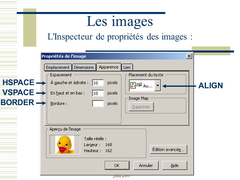 Les images L Inspecteur de propriétés des images : HSPACE ALIGN VSPACE