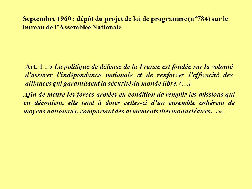 Septembre 1960 : dépôt du projet de loi de programme (n°784) sur le bureau de l’Assemblée Nationale