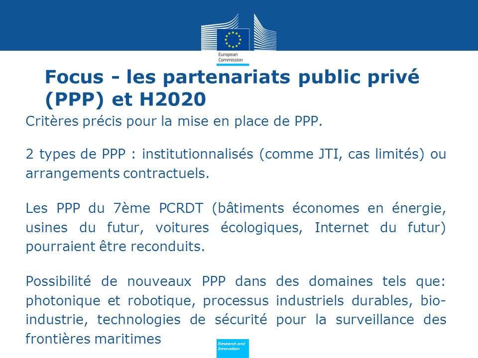 Focus - les partenariats public privé (PPP) et H2020