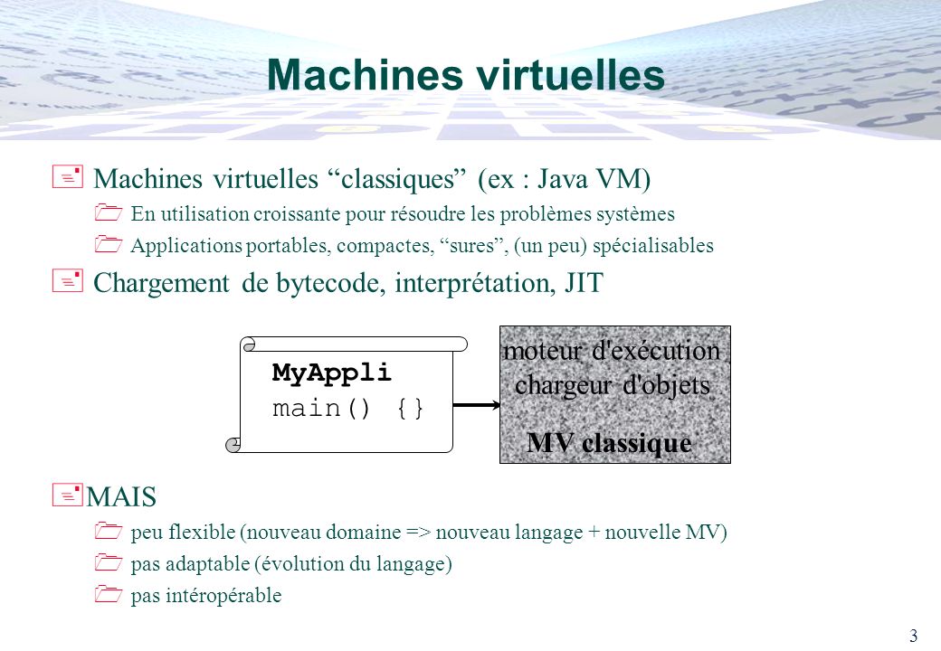 Machines virtuelles Machines virtuelles classiques (ex : Java VM)