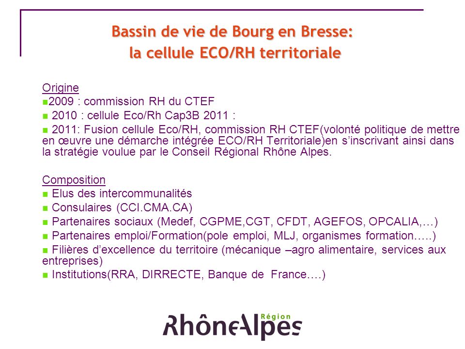 Bassin de vie de Bourg en Bresse: la cellule ECO/RH territoriale