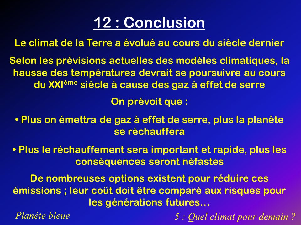 12 : Conclusion Le climat de la Terre a évolué au cours du siècle dernier.