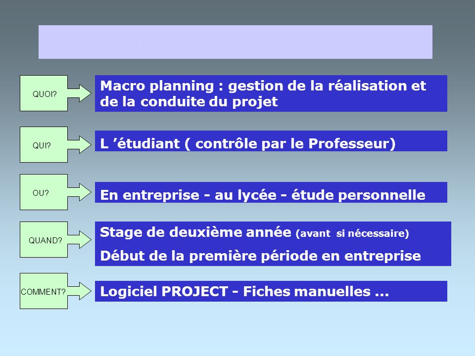 MACRO-PLANNING QUOI Macro planning : gestion de la réalisation et de la conduite du projet. QUI