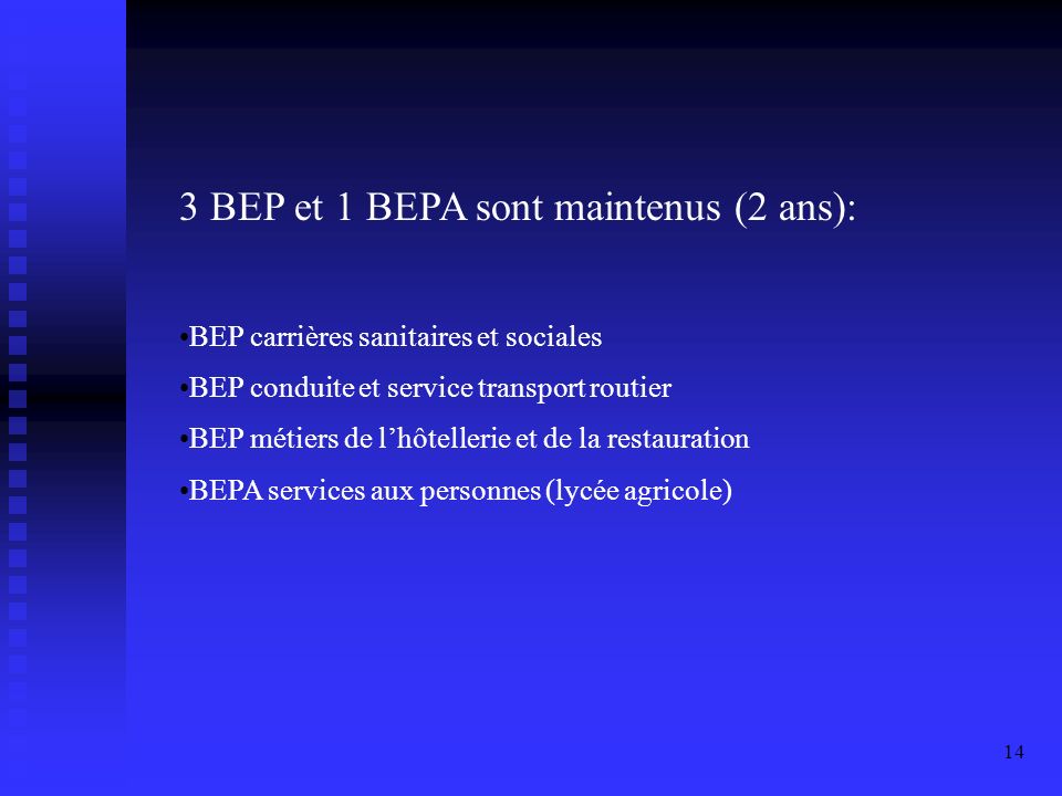 3 BEP et 1 BEPA sont maintenus (2 ans):