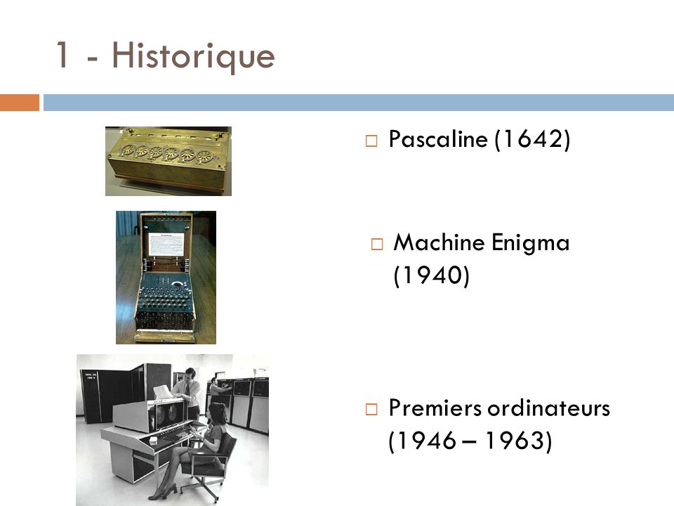 1 - Historique Pascaline (1642) Machine Enigma (1940)