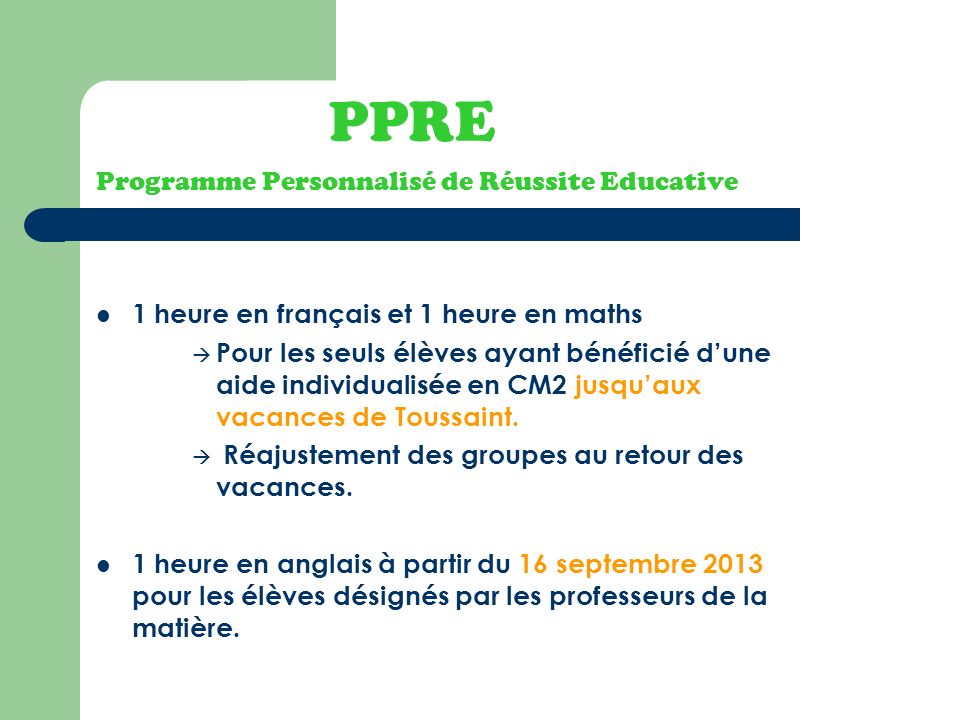 PPRE Programme Personnalisé de Réussite Educative