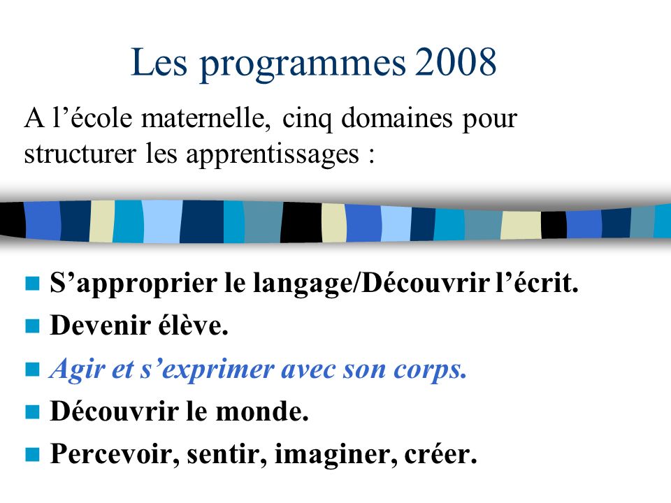 Les programmes 2008 A l’école maternelle, cinq domaines pour structurer les apprentissages : S’approprier le langage/Découvrir l’écrit.