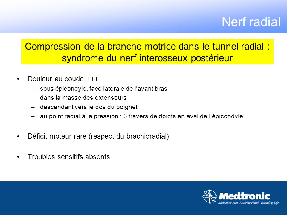 Nerf radial Compression de la branche motrice dans le tunnel radial : syndrome du nerf interosseux postérieur.
