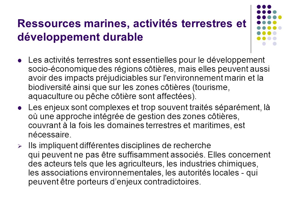 Ressources marines, activités terrestres et développement durable