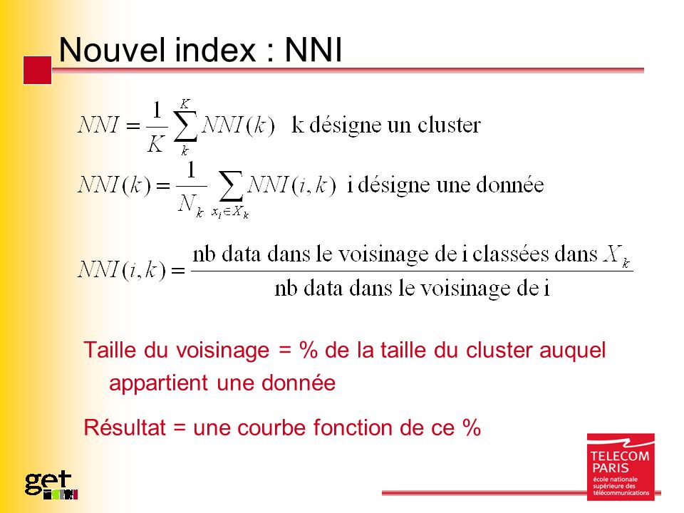 Nouvel index : NNI Taille du voisinage = % de la taille du cluster auquel appartient une donnée.