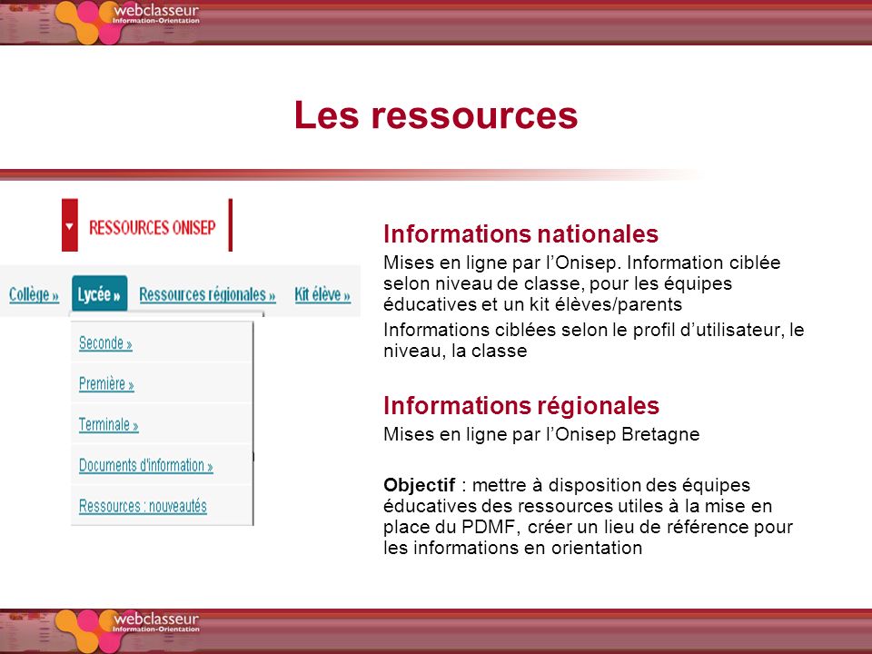 Les ressources Informations nationales Informations régionales