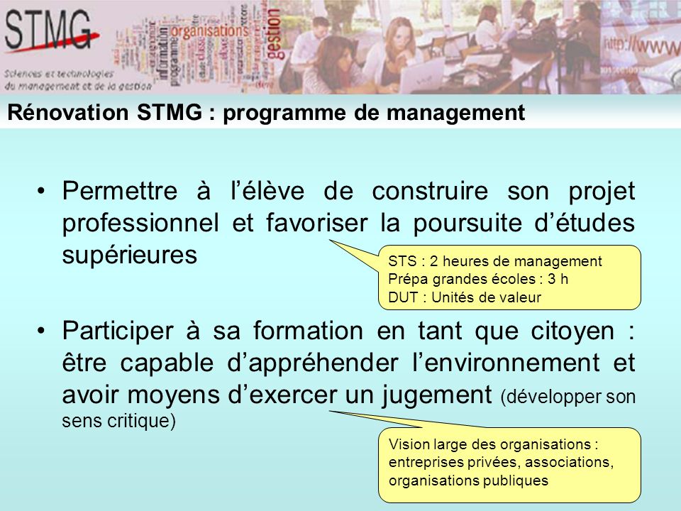 Rénovation STMG : programme de management