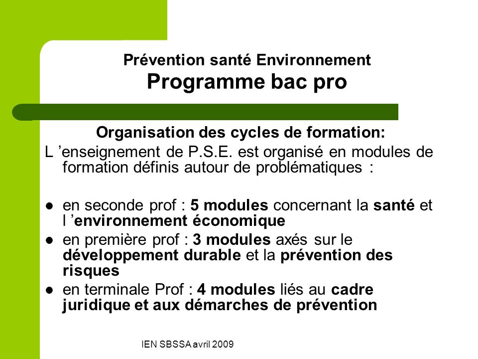 Prévention santé Environnement Programme bac pro