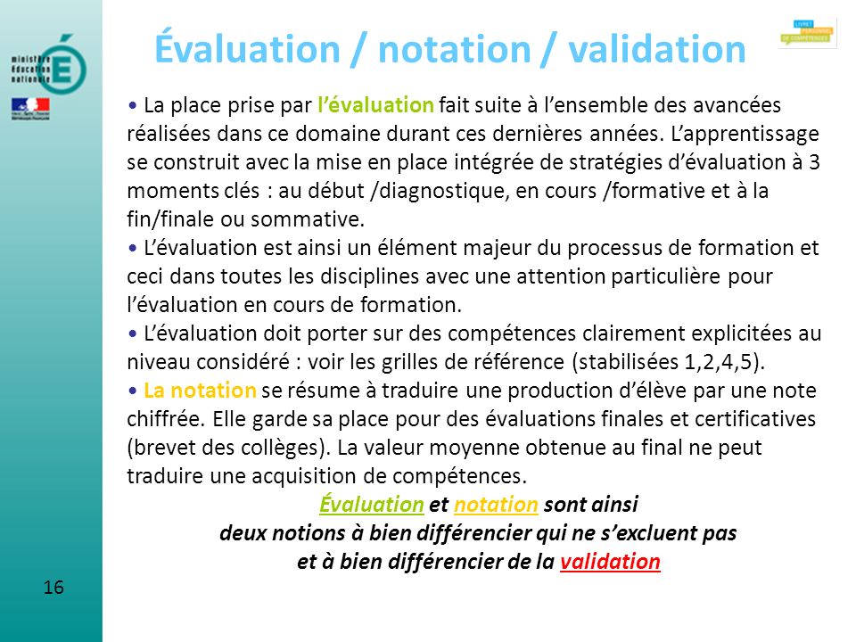 Évaluation / notation / validation