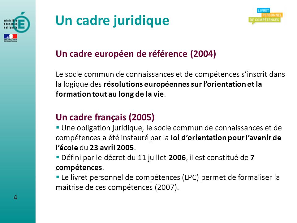 Un cadre juridique Un cadre européen de référence (2004)