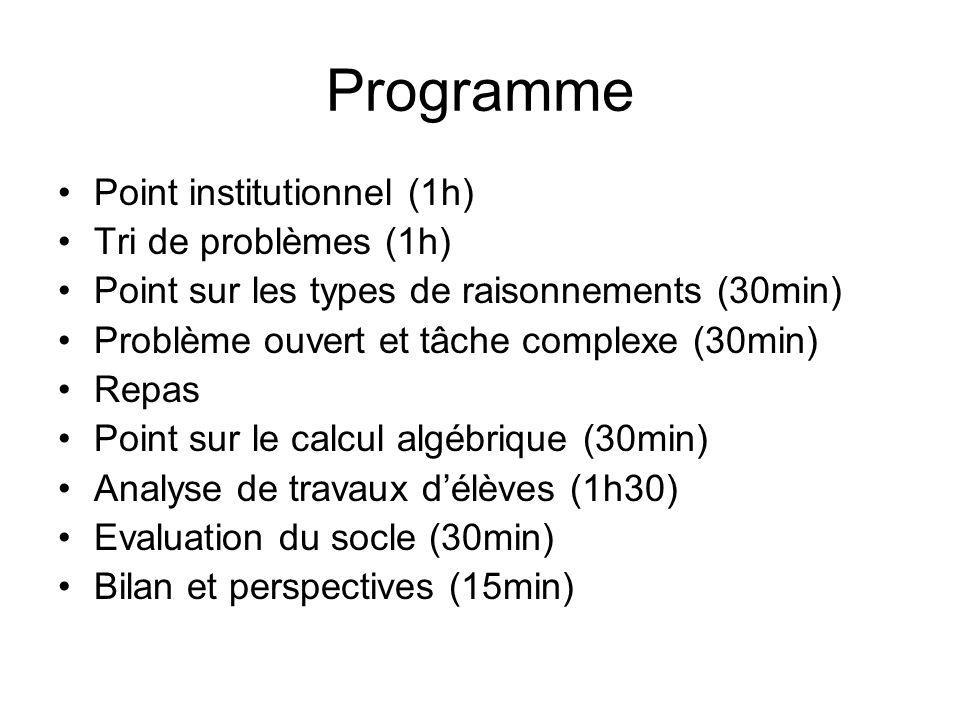 Programme Point institutionnel (1h) Tri de problèmes (1h)