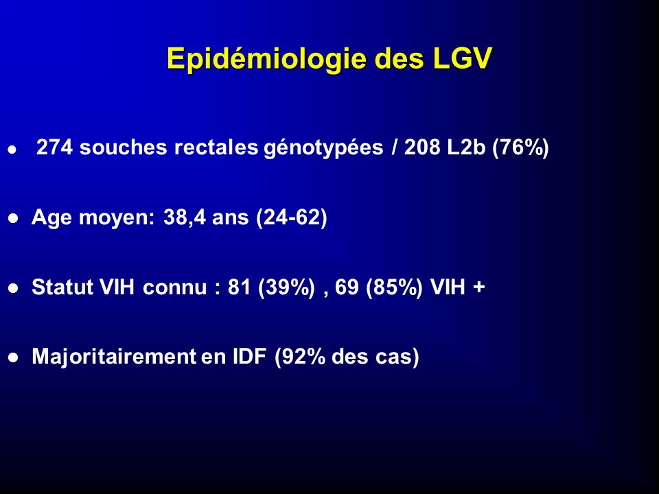 Epidémiologie des LGV Age moyen: 38,4 ans (24-62)
