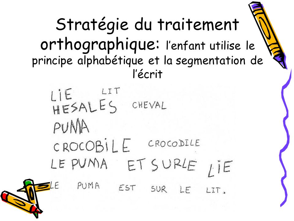 Stratégie du traitement orthographique: l’enfant utilise le principe alphabétique et la segmentation de l’écrit