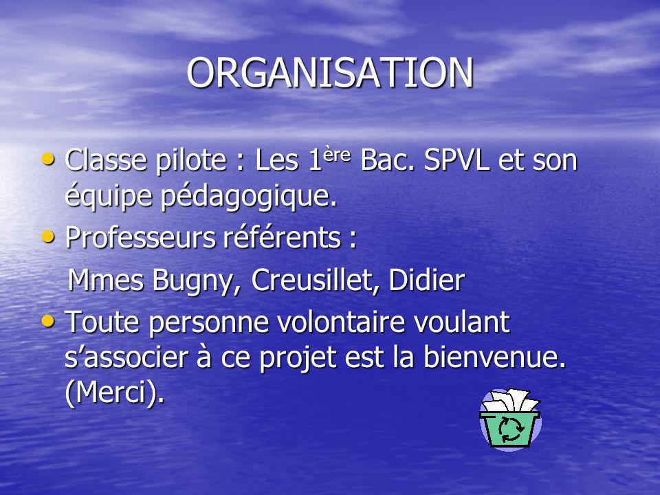 ORGANISATION Classe pilote : Les 1ère Bac. SPVL et son équipe pédagogique. Professeurs référents :