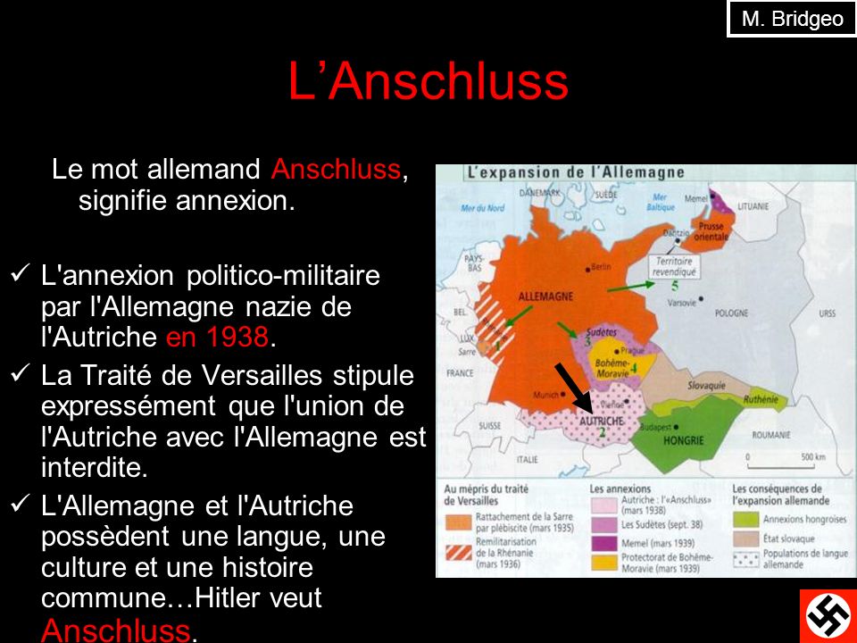 L’Anschluss Le mot allemand Anschluss, signifie annexion.