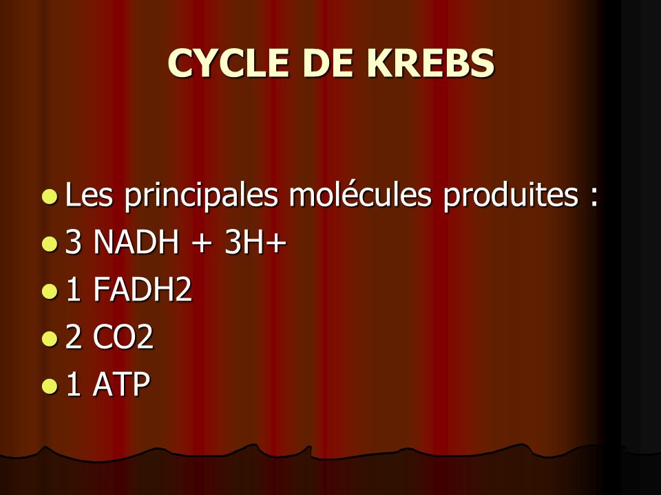 CYCLE DE KREBS Les principales molécules produites : 3 NADH + 3H+